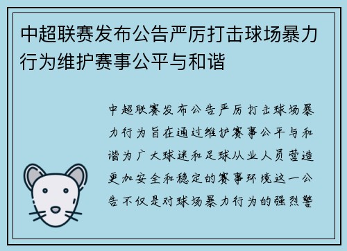 中超联赛发布公告严厉打击球场暴力行为维护赛事公平与和谐